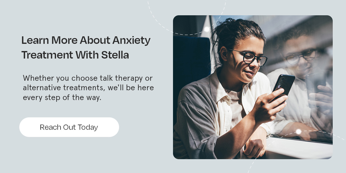 A person views their phone on the metro while learning more about Stella's anxiety treatment options