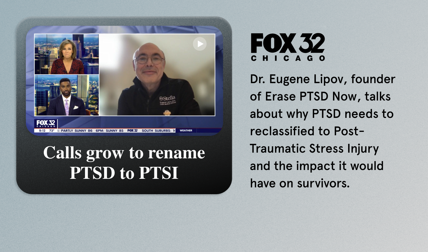 An advertisement for Fox 32 Chicago shows Dr. Lipov talking about PTSD and PTSI